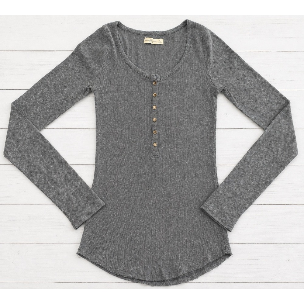 Abercrombie & Fitch Henley Long Sleeve Ribbed Knit Top Gray y2k Skater Small